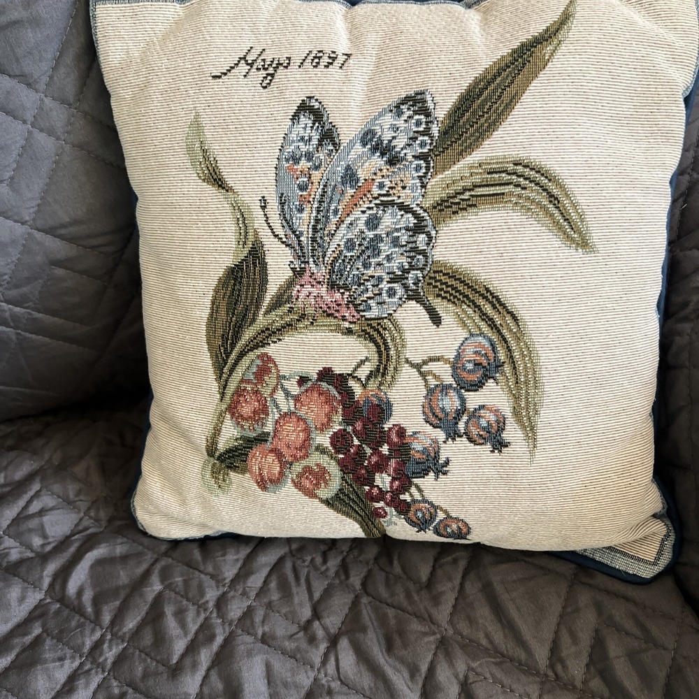 Tapestry Pillow 12" x 12" Butterfly Berries Leafy  Pillow‎ Decor.